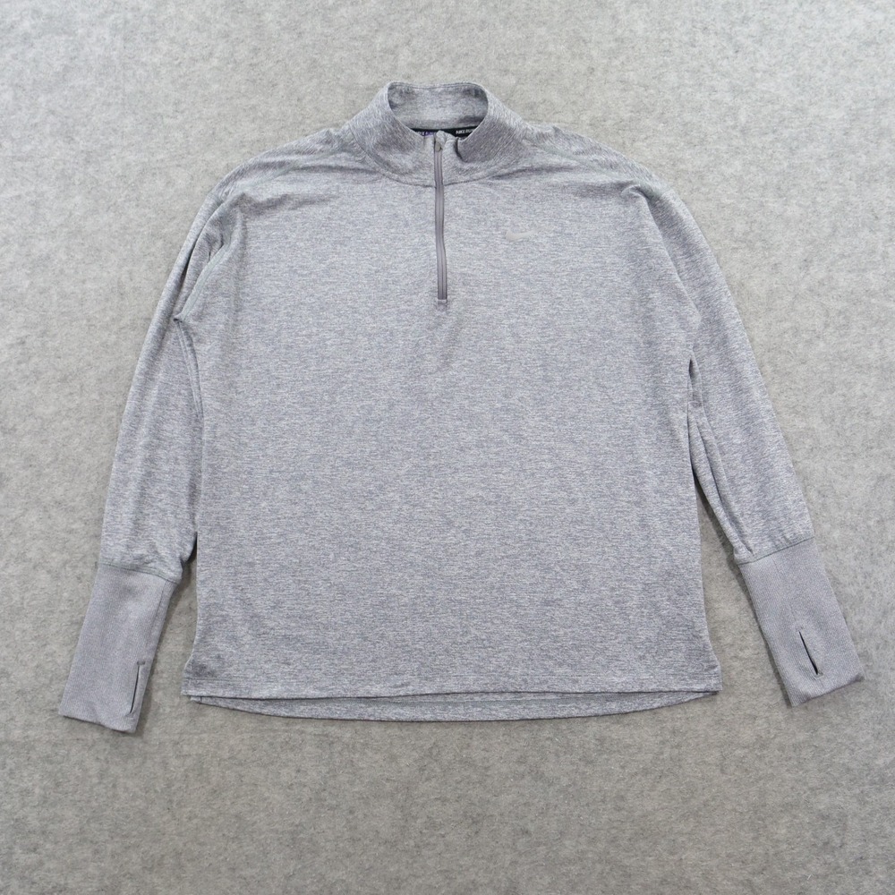 Nike Running Shirt Womens Large Grey Dri-Fit 1/2 Zip Pullover Thumbholes CU0349
